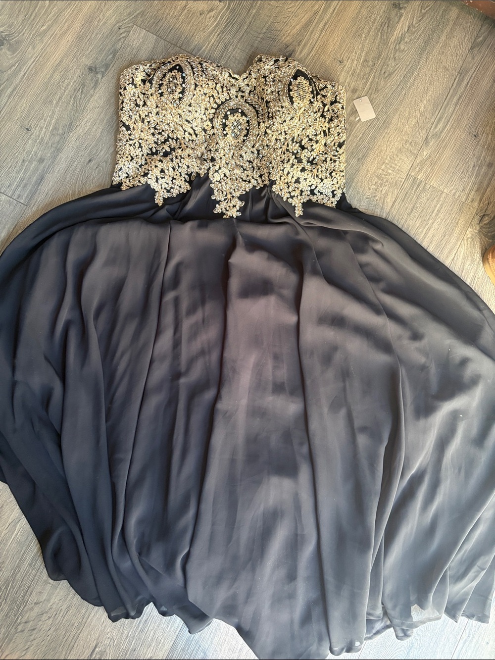 Strapless Black Dress with Gold Embellished Bodice